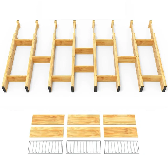 Main image of SpaceAid Bamboo Drawer Dividers with Inserts and Labels, Kitchen Adjustable Drawer Organizers, Expandable Organization for Home, Office, Dressers and Bathroom, 8 Dividers with 18 Inserts (17-22 in)