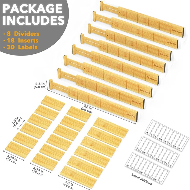 Alt view image 3 of 7 - SpaceAid Bamboo Drawer Dividers with Inserts and Labels, Kitchen Adjustable Drawer Organizers, Expandable Organization for Home, Office, Dressers and Bathroom, 8 Dividers with 18 Inserts (17-22 in)