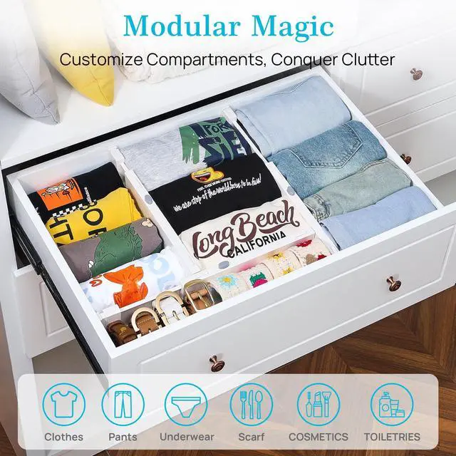 Alt view image 3 of 7 - Vtopmart 16 Pack Drawer Dividers for Clothes, 4" High 11.3"-17" Adjustable Expandable Dresser Drawer Organizer, Plastic Drawers Separator for Dresser, Baby Clothes, Underwear, Kitchen & Office Storage