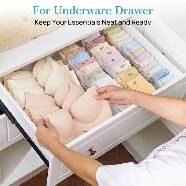 Alt view image 5 of 7 - Vtopmart 18 Pack Drawer Dividers for Clothes, 4" High 10.2"-16.5" Adjustable Expandable Dresser Drawer Organizer, Clear Plastic Separators for Dresser, Baby Clothing, Underwear, Cosmetic, Toiletries