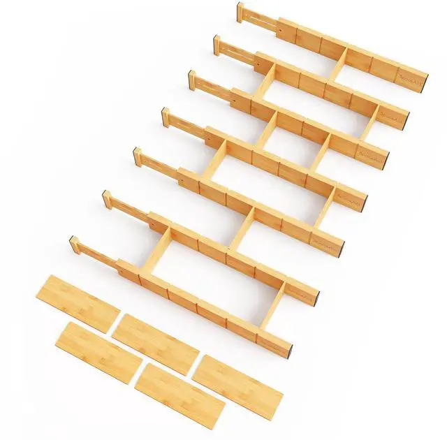 Main image of SpaceAid Bamboo Drawer Dividers with Inserts and Labels, Kitchen Adjustable Drawer Organizers, Expandable Organization for Home, Office, Dressers, 7 Dividers with 15 Inserts (17"-22" Natural)
