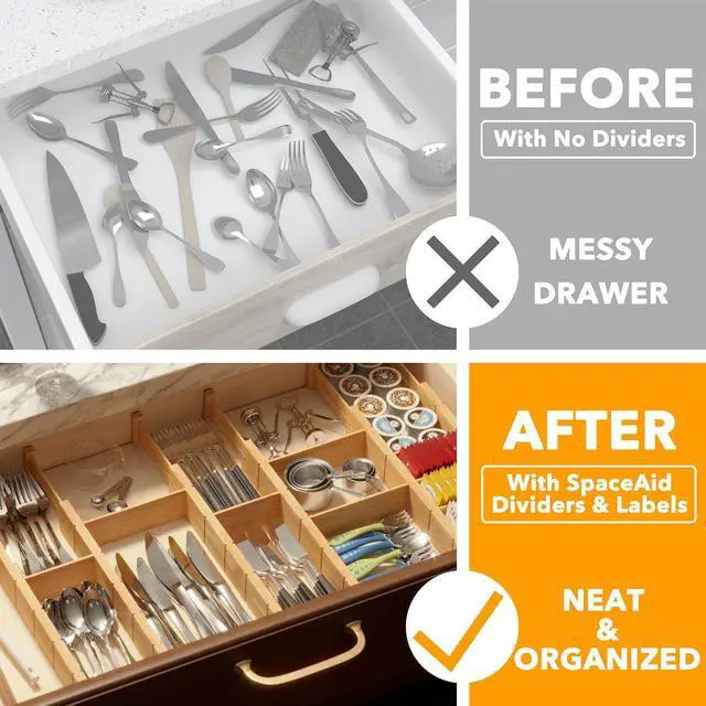 Alt view image 2 of 7 - SpaceAid Bamboo Drawer Dividers with Inserts and Labels, Kitchen Adjustable Drawer Organizers, Expandable Organization for Home, Office, Dressers, 7 Dividers with 15 Inserts (17"-22" Natural)