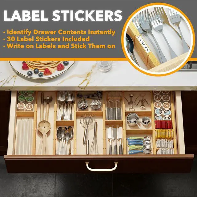 Alt view image 3 of 7 - SpaceAid Bamboo Drawer Dividers with Inserts and Labels, Kitchen Adjustable Drawer Organizers, Expandable Organization for Home, Office, Dressers, 7 Dividers with 15 Inserts (17"-22" Natural)