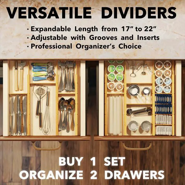 Alt view image 5 of 7 - SpaceAid Bamboo Drawer Dividers with Inserts and Labels, Kitchen Adjustable Drawer Organizers, Expandable Organization for Home, Office, Dressers, 7 Dividers with 15 Inserts (17"-22" Natural)