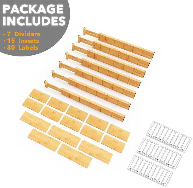Alt view image 7 of 7 - SpaceAid Bamboo Drawer Dividers with Inserts and Labels, Kitchen Adjustable Drawer Organizers, Expandable Organization for Home, Office, Dressers, 7 Dividers with 15 Inserts (17"-22" Natural)