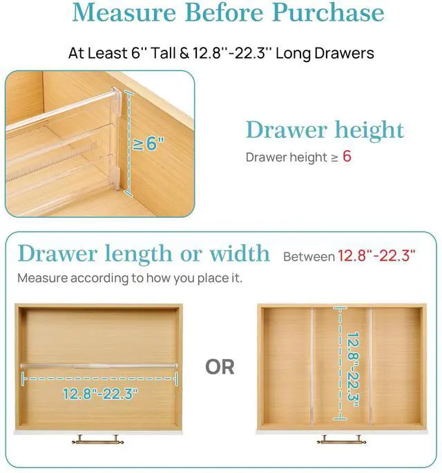 Alt view image 2 of 7 - Vtopmart 10 Pack 6" Tall Upgrade Drawer Dividers for Big and Deep Drawer, 12.8"-22.3" Adjustable Expandable Dresser Drawer Organizer, Clear Plastic Separators for Dresser, Baby Supplies, Kitchenware
