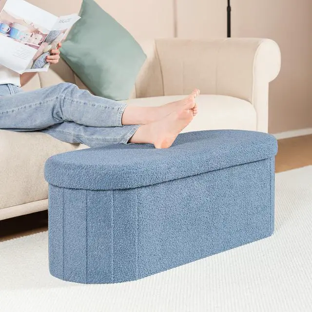Alt view image 6 of 7 - PINPLUS Storage Ottoman Bench Tufted Folding Ottomans Bench Foot Rest, Chest Box Velvet Bench with Storage 43"" x15 x15 (Blue)