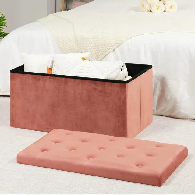 Alt view image 2 of 6 - B FSOBEIIALEO Folding Storage Ottoman, Long Ottomans Shoes Bench, Velvet Storage Chest Footrest Seat 31.5"x15.7"x15.7" (Warm Red, Large)