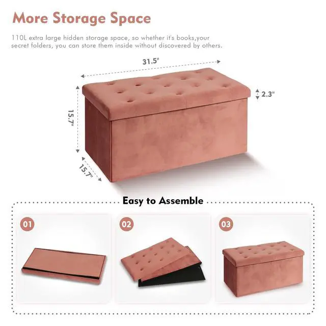 Alt view image 6 of 6 - B FSOBEIIALEO Folding Storage Ottoman, Long Ottomans Shoes Bench, Velvet Storage Chest Footrest Seat 31.5"x15.7"x15.7" (Warm Red, Large)