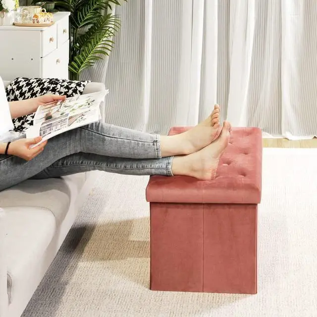 Alt view image 4 of 6 - B FSOBEIIALEO Folding Storage Ottoman, Long Ottomans Shoes Bench, Velvet Storage Chest Footrest Seat 31.5"x15.7"x15.7" (Warm Red, Large)