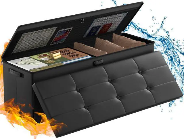 Main image of ENGPOW Storage Ottoman, Fireproof Folding Bench with Lock(15x 43x15), Water-Resistant Heat Insulation Large Storage Chest with Handles2 Extra Boxes Safe for Living Room, Bedroom, Home, Black