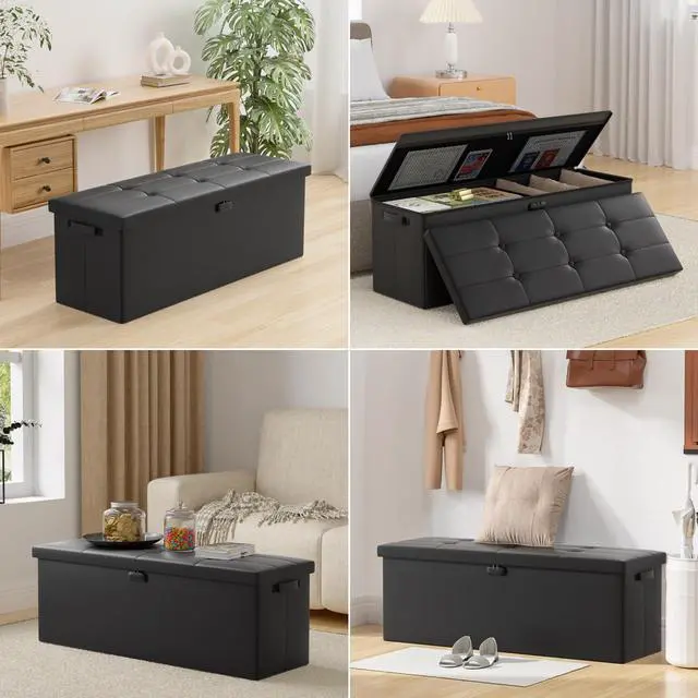 Alt view image 3 of 7 - ENGPOW Storage Ottoman, Fireproof Folding Bench with Lock(15x 43x15), Water-Resistant Heat Insulation Large Storage Chest with Handles2 Extra Boxes Safe for Living Room, Bedroom, Home, Black