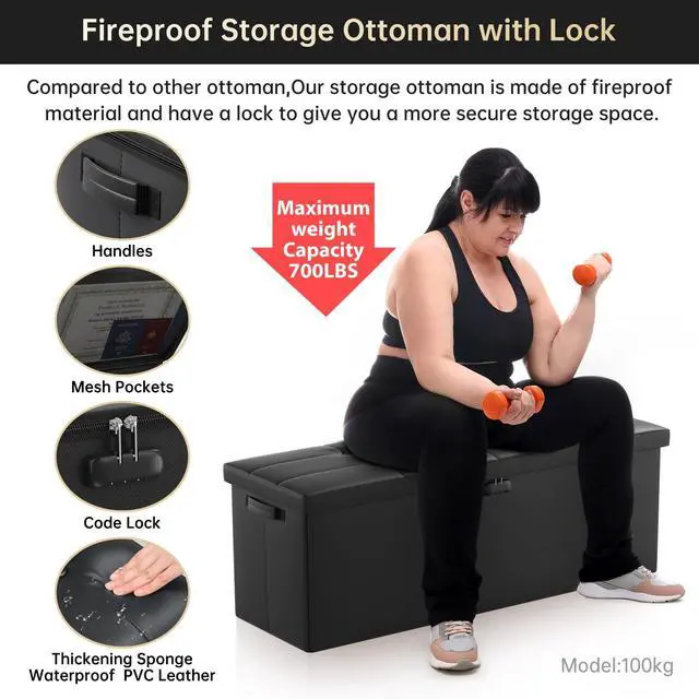 Alt view image 4 of 7 - ENGPOW Storage Ottoman, Fireproof Folding Bench with Lock(15x 43x15), Water-Resistant Heat Insulation Large Storage Chest with Handles2 Extra Boxes Safe for Living Room, Bedroom, Home, Black