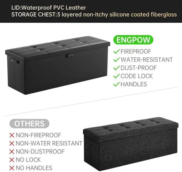 Alt view image 5 of 7 - ENGPOW Storage Ottoman, Fireproof Folding Bench with Lock(15x 43x15), Water-Resistant Heat Insulation Large Storage Chest with Handles2 Extra Boxes Safe for Living Room, Bedroom, Home, Black