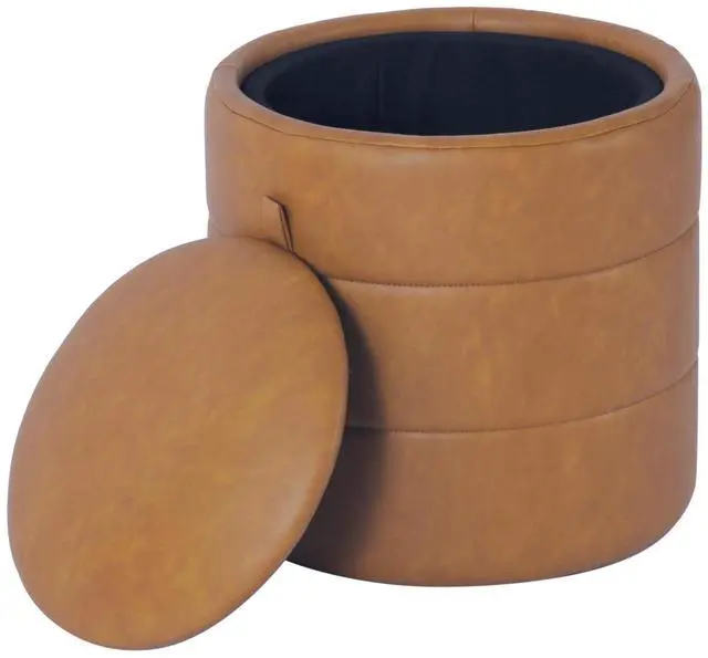 Alt view image 2 of 4 - HomePop Storage Round Ottoman with Removable Lid |Homepop Home Décor|Upholstered Round Velvet Foot Rest Ottoman - Carmel Faux Leather
