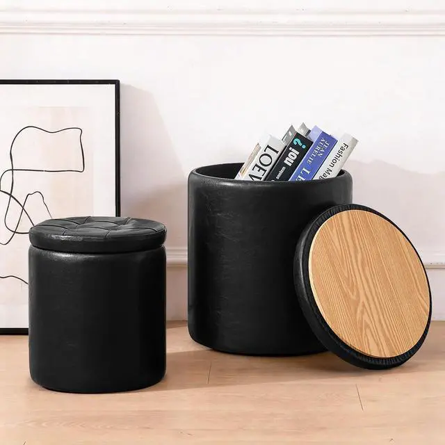 Main image of oakvivo Round Ottoman with Storage Set of 2, 12.6" W x 14.17" H & 14.76" W x 17.32" H Faux Footstool Storage Ottomans for Bedroom, Living Room Padded Coffee Table Ottomen, Black