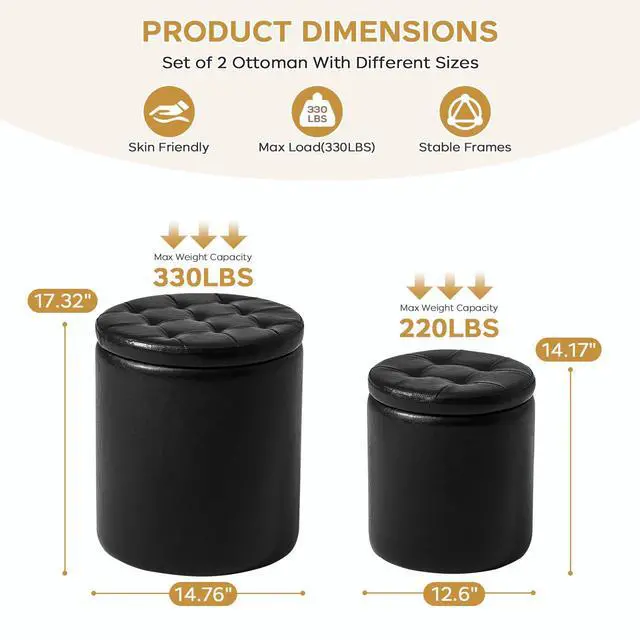 Alt view image 2 of 7 - oakvivo Round Ottoman with Storage Set of 2, 12.6" W x 14.17" H & 14.76" W x 17.32" H Faux Footstool Storage Ottomans for Bedroom, Living Room Padded Coffee Table Ottomen, Black