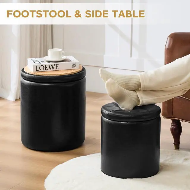 Alt view image 3 of 7 - oakvivo Round Ottoman with Storage Set of 2, 12.6" W x 14.17" H & 14.76" W x 17.32" H Faux Footstool Storage Ottomans for Bedroom, Living Room Padded Coffee Table Ottomen, Black
