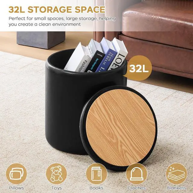 Alt view image 5 of 7 - oakvivo Round Ottoman with Storage Set of 2, 12.6" W x 14.17" H & 14.76" W x 17.32" H Faux Footstool Storage Ottomans for Bedroom, Living Room Padded Coffee Table Ottomen, Black