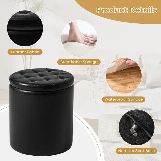 Alt view image 6 of 7 - oakvivo Round Ottoman with Storage Set of 2, 12.6" W x 14.17" H & 14.76" W x 17.32" H Faux Footstool Storage Ottomans for Bedroom, Living Room Padded Coffee Table Ottomen, Black