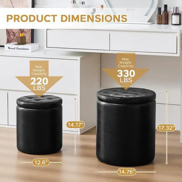 Alt view image 7 of 7 - oakvivo Round Ottoman with Storage Set of 2, 12.6" W x 14.17" H & 14.76" W x 17.32" H Faux Footstool Storage Ottomans for Bedroom, Living Room Padded Coffee Table Ottomen, Black
