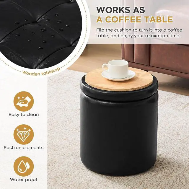 Alt view image 4 of 7 - oakvivo Round Ottoman with Storage Set of 2, 12.6" W x 14.17" H & 14.76" W x 17.32" H Faux Footstool Storage Ottomans for Bedroom, Living Room Padded Coffee Table Ottomen, Black