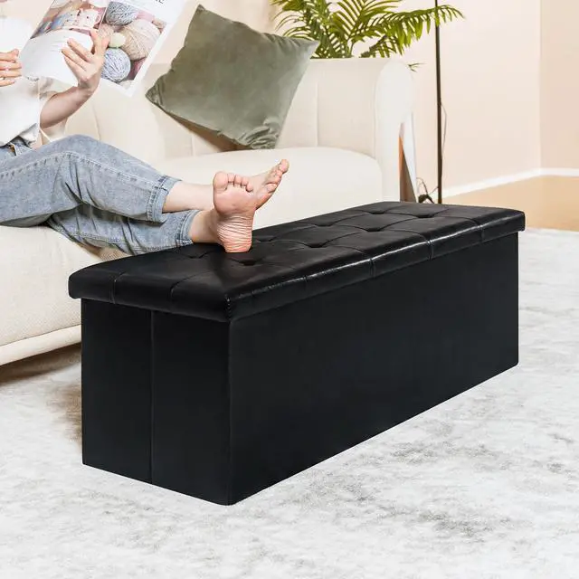 Alt view image 2 of 7 - PINPLUS Folding Storage Ottoman Bench, Black Faux Leather Long Chest with Tray, Footrest Seat, Blanket Storage for Living Room Bedroom Office Hallway, 43.3"x15"x15"