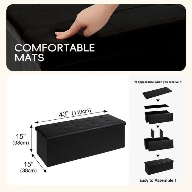 Alt view image 3 of 7 - PINPLUS Folding Storage Ottoman Bench, Black Faux Leather Long Chest with Tray, Footrest Seat, Blanket Storage for Living Room Bedroom Office Hallway, 43.3"x15"x15"