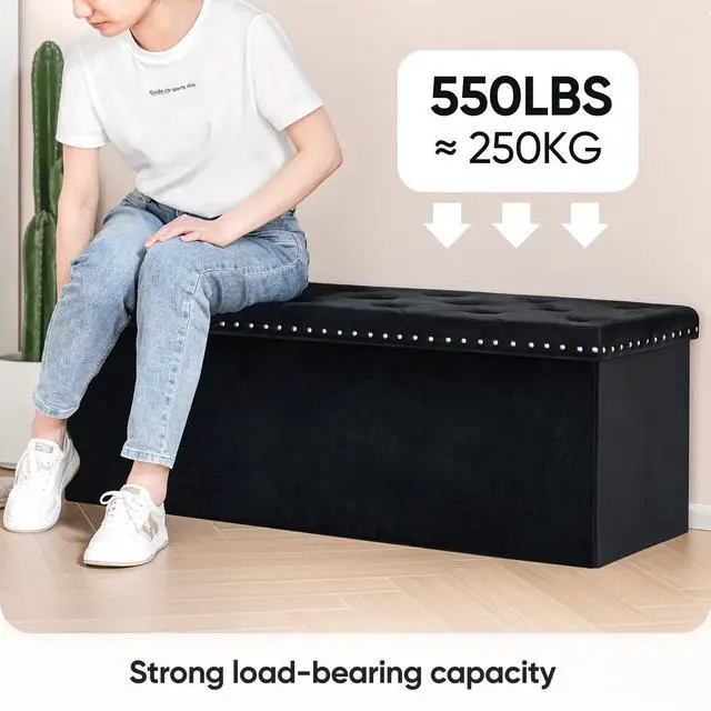 Alt view image 4 of 7 - PINPLUS Folding Storage Ottoman Bench, Black Faux Leather Long Chest with Tray, Footrest Seat, Blanket Storage for Living Room Bedroom Office Hallway, 43.3"x15"x15"