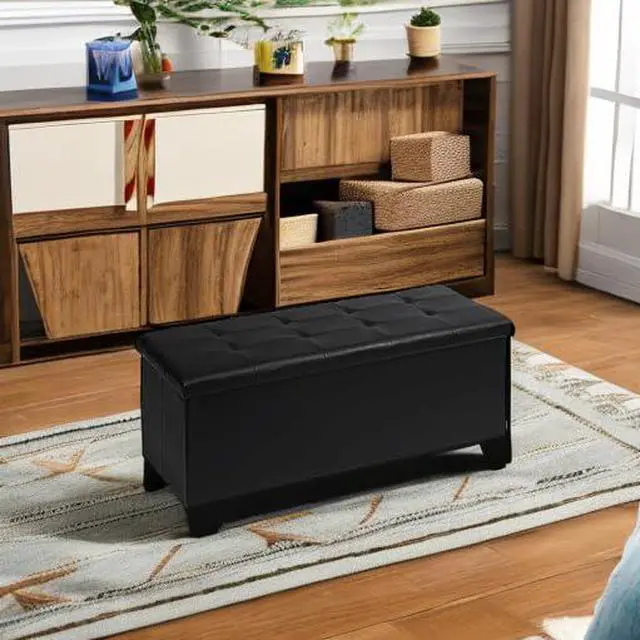 Alt view image 5 of 7 - PINPLUS Folding Storage Ottoman Bench, Black Faux Leather Long Chest with Tray, Footrest Seat, Blanket Storage for Living Room Bedroom Office Hallway, 43.3"x15"x15"