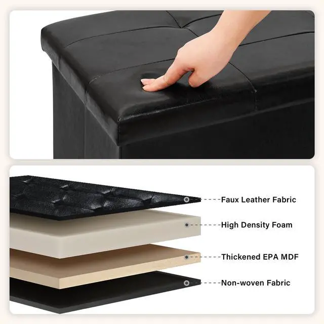 Alt view image 6 of 7 - PINPLUS Folding Storage Ottoman Bench, Black Faux Leather Long Chest with Tray, Footrest Seat, Blanket Storage for Living Room Bedroom Office Hallway, 43.3"x15"x15"