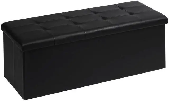 Main image of PINPLUS Folding Storage Ottoman Bench, Black Faux Leather Long Chest with Tray, Footrest Seat, Blanket Storage for Living Room Bedroom Office Hallway, 43.3"x15"x15"
