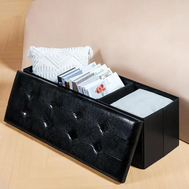 Alt view image 7 of 7 - PINPLUS Folding Storage Ottoman Bench, Black Faux Leather Long Chest with Tray, Footrest Seat, Blanket Storage for Living Room Bedroom Office Hallway, 43.3"x15"x15"