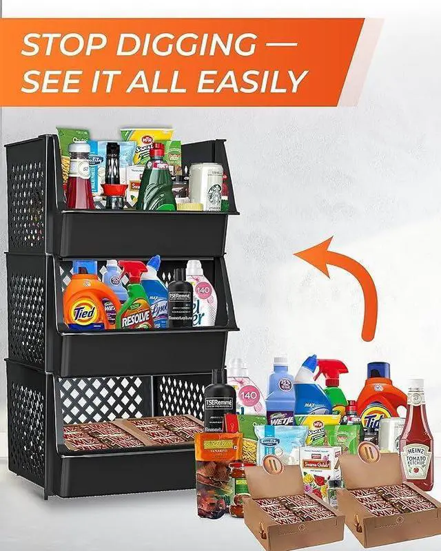 Alt view image 4 of 7 - TidyFriend 6 Pk Large Stackable Storage Bins Open Front for Pantry Organizers and Storage, Pantry Storage for Food, Kitchen and Home Organization, Plastic Storage Bins, Dorm Room Essentials (Black)
