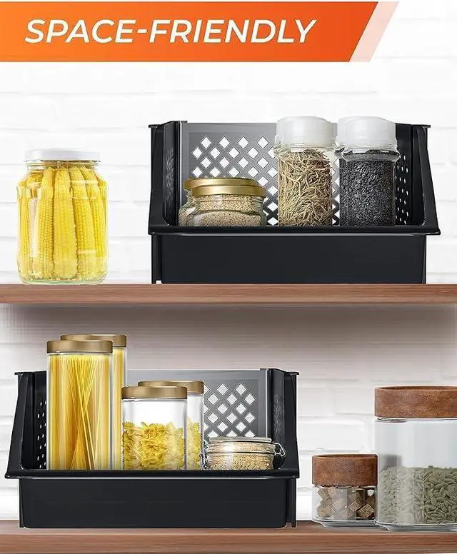 Alt view image 5 of 7 - TidyFriend 6 Pk Large Stackable Storage Bins Open Front for Pantry Organizers and Storage, Pantry Storage for Food, Kitchen and Home Organization, Plastic Storage Bins, Dorm Room Essentials (Black)