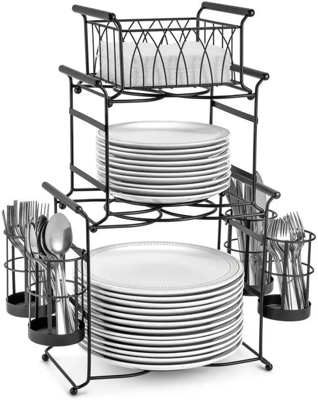 Main image of Sorbus® Buffet Caddy 7-Piece Stackable Set Includes Plate, Napkin, and Silverware Holder, 3-Tier Detachable Tabletop Organizer Ideal for Kitchen, Dining, Entertaining, Parties,Thanksgiving (Black)