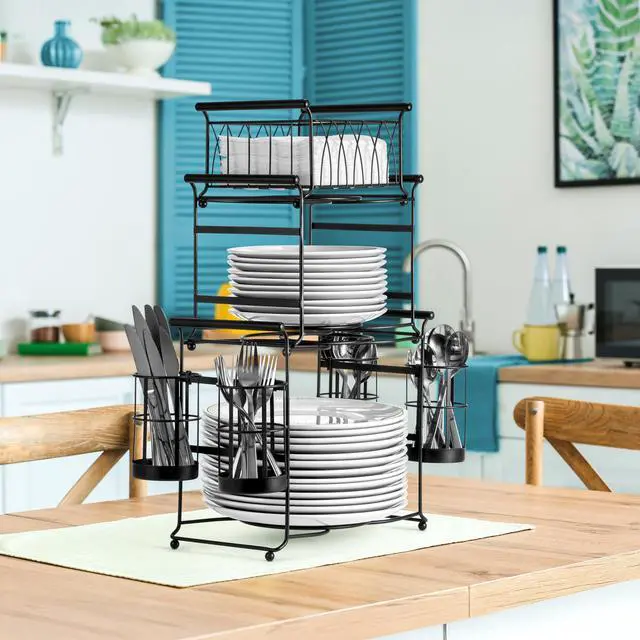 Alt view image 4 of 7 - Sorbus® Buffet Caddy 7-Piece Stackable Set Includes Plate, Napkin, and Silverware Holder, 3-Tier Detachable Tabletop Organizer Ideal for Kitchen, Dining, Entertaining, Parties,Thanksgiving (Black)