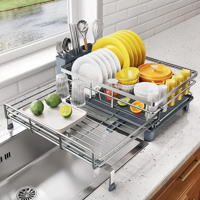 Main image of SNTD Dish Drying Rack - Extendable Dish Rack, Large Sink Drying Dish Drainer for Kitchen Counter, Stainless Steel Dish Strainer with Utensil Holder (Silver)