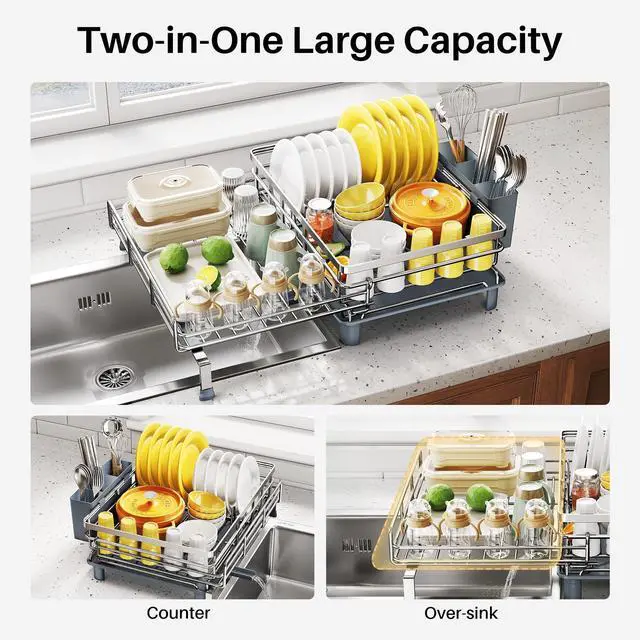 Alt view image 2 of 7 - SNTD Dish Drying Rack - Extendable Dish Rack, Large Sink Drying Dish Drainer for Kitchen Counter, Stainless Steel Dish Strainer with Utensil Holder (Silver)