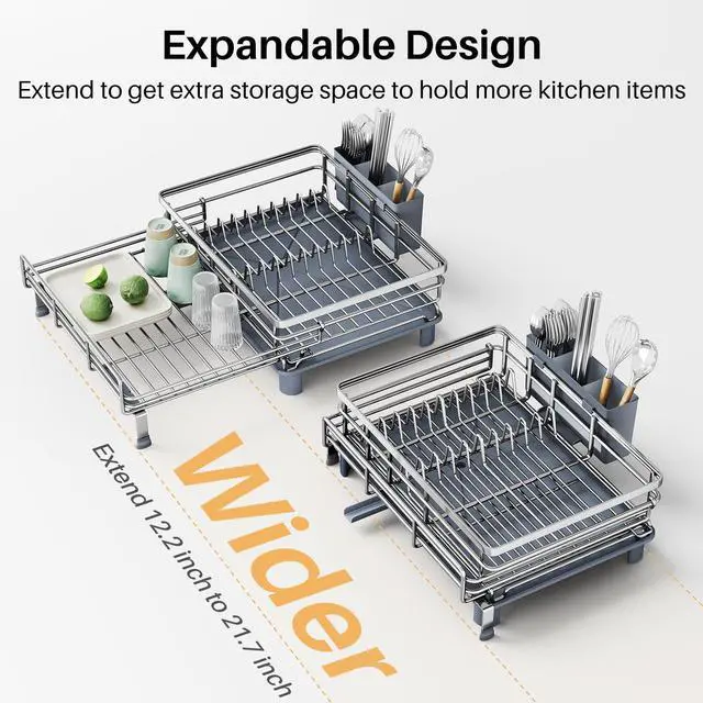 Alt view image 4 of 7 - SNTD Dish Drying Rack - Extendable Dish Rack, Large Sink Drying Dish Drainer for Kitchen Counter, Stainless Steel Dish Strainer with Utensil Holder (Silver)