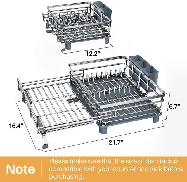 Alt view image 6 of 7 - SNTD Dish Drying Rack - Extendable Dish Rack, Large Sink Drying Dish Drainer for Kitchen Counter, Stainless Steel Dish Strainer with Utensil Holder (Silver)
