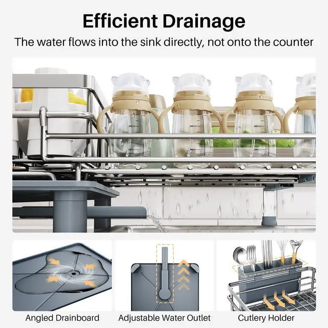 Alt view image 5 of 7 - SNTD Dish Drying Rack - Extendable Dish Rack, Large Sink Drying Dish Drainer for Kitchen Counter, Stainless Steel Dish Strainer with Utensil Holder (Silver)