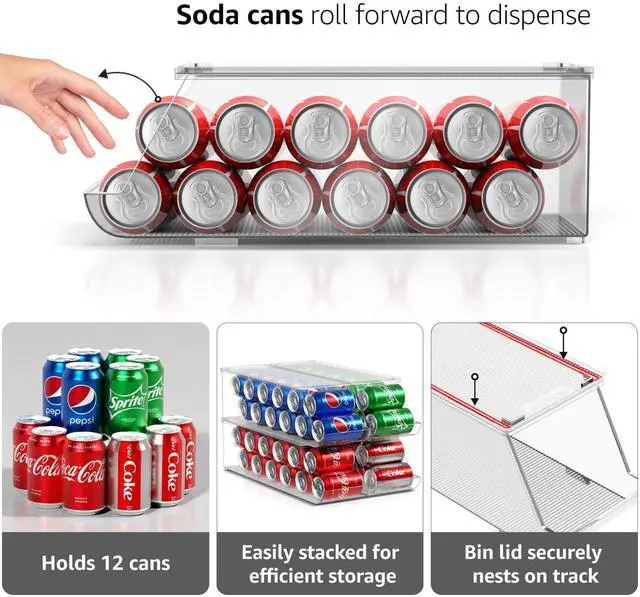 Alt view image 6 of 7 - Soda Can Organizer for Refrigerator Stackable Can Dispenser with Lid for Fridge, Pantry, or Freezer Holds 12 Cans Each, BPA-Free Clear Drink Organizer (4-Pack)