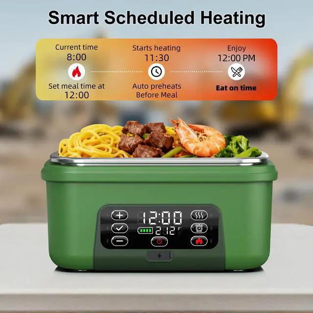 Alt view image 2 of 7 - Omboos Cordless Electric Heated Lunch Box, XL 6.3Cups Rechargeable Food Warmer Lunch Box with Self Heating, Smart Timer, Adjustable Temperature, Leakproof, BPA Free, Removable Divider Green