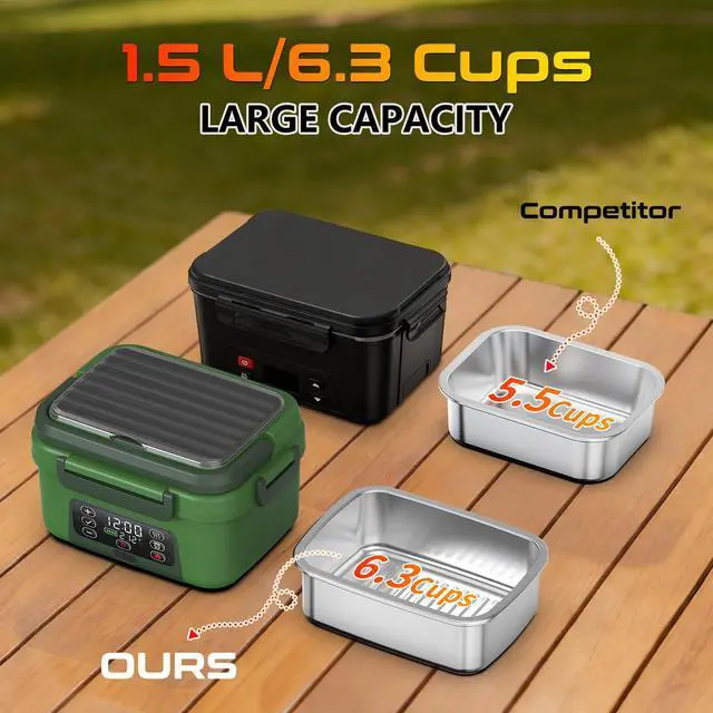 Alt view image 4 of 7 - Omboos Cordless Electric Heated Lunch Box, XL 6.3Cups Rechargeable Food Warmer Lunch Box with Self Heating, Smart Timer, Adjustable Temperature, Leakproof, BPA Free, Removable Divider Green