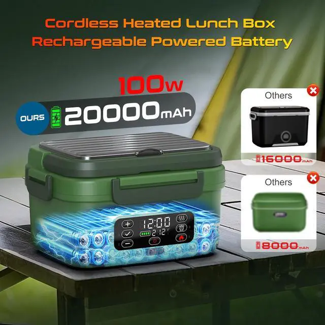 Alt view image 3 of 7 - Omboos Cordless Electric Heated Lunch Box, XL 6.3Cups Rechargeable Food Warmer Lunch Box with Self Heating, Smart Timer, Adjustable Temperature, Leakproof, BPA Free, Removable Divider Green