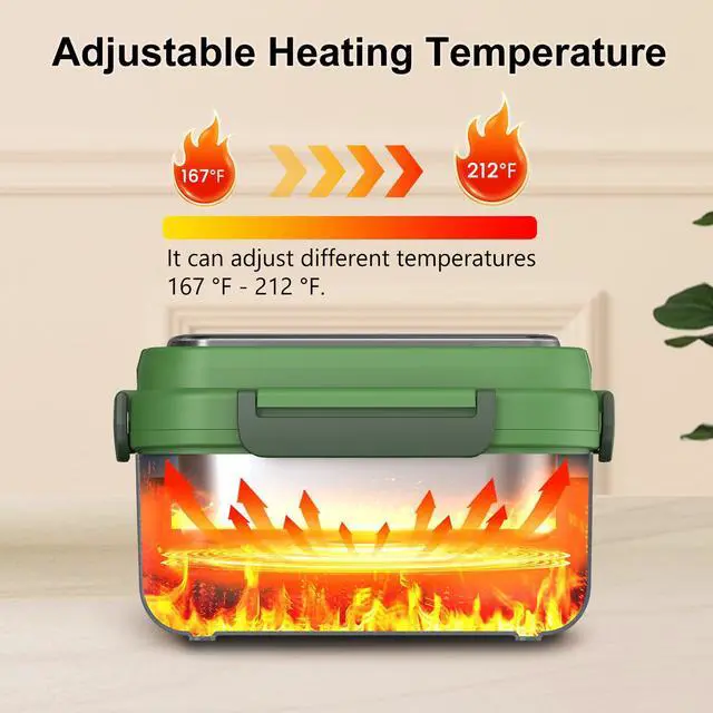 Alt view image 5 of 7 - Omboos Cordless Electric Heated Lunch Box, XL 6.3Cups Rechargeable Food Warmer Lunch Box with Self Heating, Smart Timer, Adjustable Temperature, Leakproof, BPA Free, Removable Divider Green