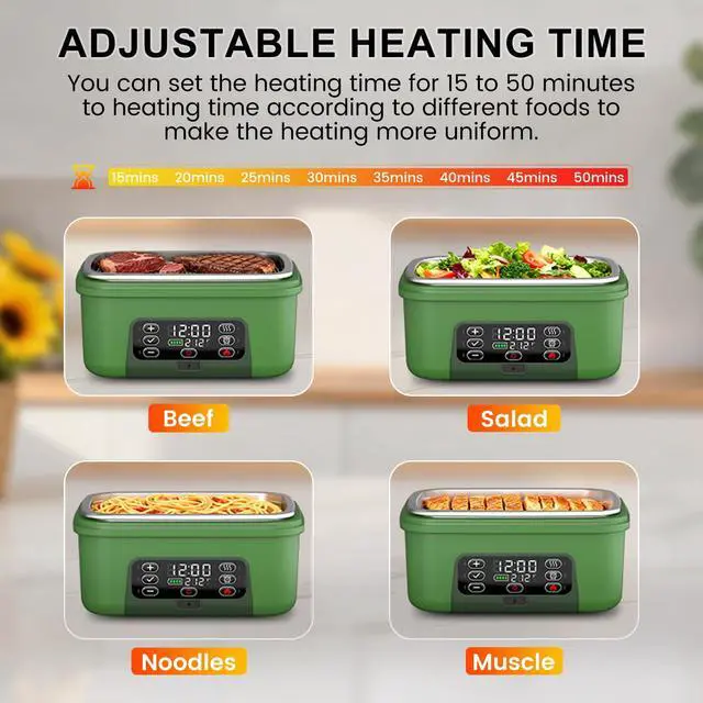 Alt view image 7 of 7 - Omboos Cordless Electric Heated Lunch Box, XL 6.3Cups Rechargeable Food Warmer Lunch Box with Self Heating, Smart Timer, Adjustable Temperature, Leakproof, BPA Free, Removable Divider Green