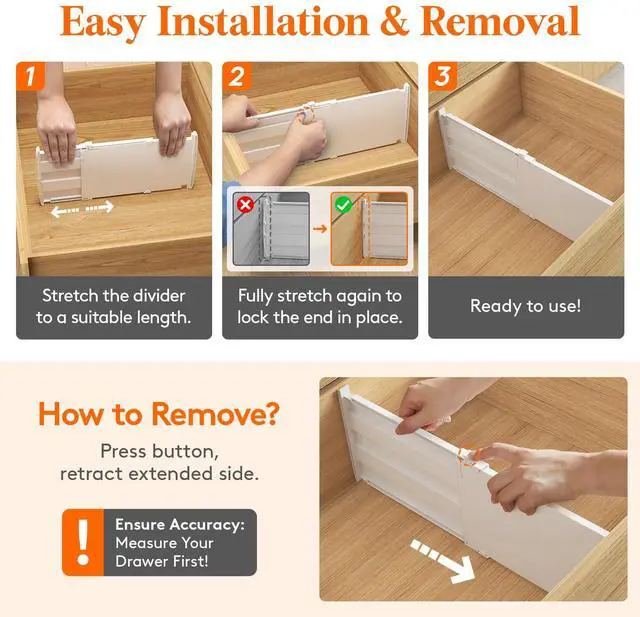 Alt view image 4 of 7 - Lifewit 8" Tall 6 Pack Drawer Dividers, 35-56.5cm/13.8-22.2" Expandable Drawer Divider for Clothes, Adjustable Dresser Drawer Organizers, Drawers Separators for Dresser/Bathroom/Closet/Kitchen White
