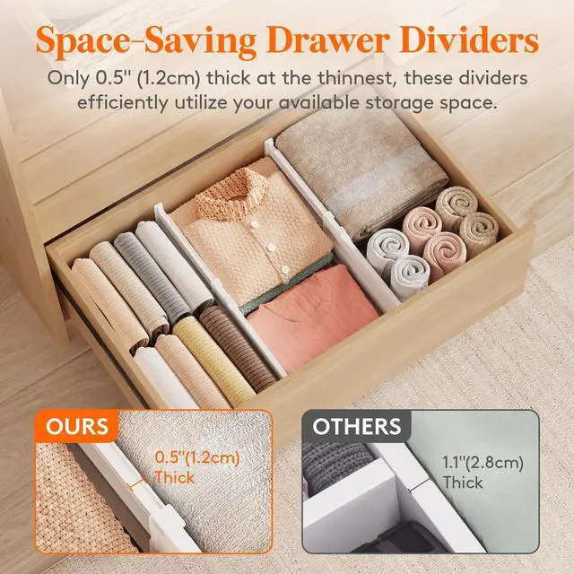 Alt view image 6 of 7 - Lifewit 8" Tall 6 Pack Drawer Dividers, 35-56.5cm/13.8-22.2" Expandable Drawer Divider for Clothes, Adjustable Dresser Drawer Organizers, Drawers Separators for Dresser/Bathroom/Closet/Kitchen White